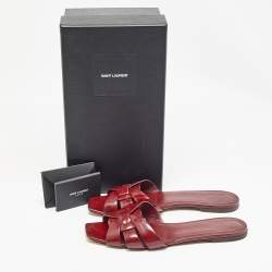 Pre Owned Saint Laurent Paris Burgundy Patent Leather Tribute Flat Slides Size 40.5