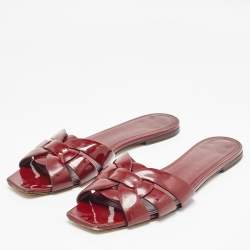Pre Owned Saint Laurent Paris Burgundy Patent Leather Tribute Flat Slides Size 40.5