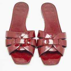 Pre Owned Saint Laurent Paris Burgundy Patent Leather Tribute Flat Slides Size 40.5