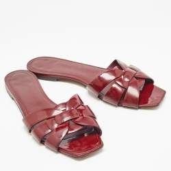Pre Owned Saint Laurent Paris Burgundy Patent Leather Tribute Flat Slides Size 40.5