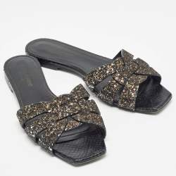 Saint Laurent Black Coarse Glitter Tribute Flat Slides Size 37