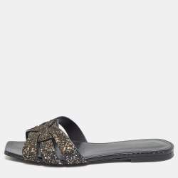 Saint Laurent Black Coarse Glitter Tribute Flat Slides Size 37