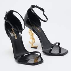 Pre Owned Saint Laurent Black Patent Leather Opyum Ankle Strap Sandals Size 37.5