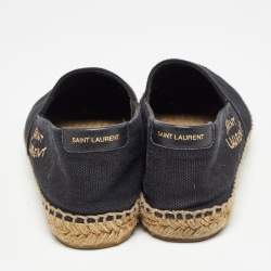 Pre Owned Saint Laurent Black Canvas Embroidered Espadrille Flats Size 38