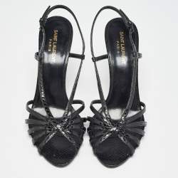 Saint Laurent Black Embossed Python Strappy Slingback Sandals Size 39