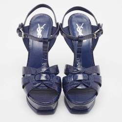 Pre Owned Saint Laurent Paris Navy Blue Croc Embossed Leather Tribute Platform Ankle Strap Sandals Size 38.5