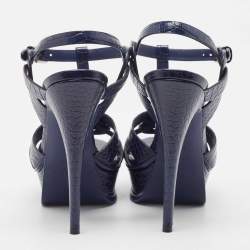 Pre Owned Saint Laurent Paris Navy Blue Croc Embossed Leather Tribute Platform Ankle Strap Sandals Size 38.5