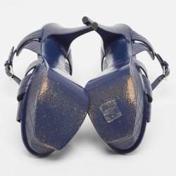 Pre Owned Saint Laurent Paris Navy Blue Croc Embossed Leather Tribute Platform Ankle Strap Sandals Size 38.5
