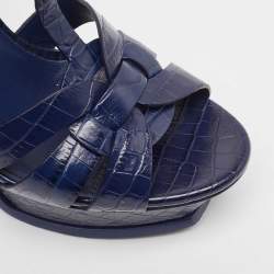 Pre Owned Saint Laurent Paris Navy Blue Croc Embossed Leather Tribute Platform Ankle Strap Sandals Size 38.5