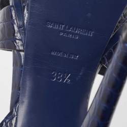 Pre Owned Saint Laurent Paris Navy Blue Croc Embossed Leather Tribute Platform Ankle Strap Sandals Size 38.5