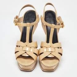 Pre Owned Saint Laurent Beige Patent Leather Tribute Sandals Size 38