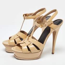 Pre Owned Saint Laurent Beige Patent Leather Tribute Sandals Size 38
