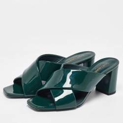 Pre Owned Saint Laurent Green Patent Leather Loulou Slide Sandals Size 39
