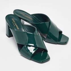 Pre Owned Saint Laurent Green Patent Leather Loulou Slide Sandals Size 39