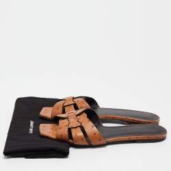 Saint Laurent Brown Ostrich Tribute Flat Slides Size 40