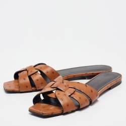 Saint Laurent Brown Ostrich Tribute Flat Slides Size 40