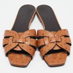 Saint Laurent Brown Ostrich Tribute Flat Slides Size 40