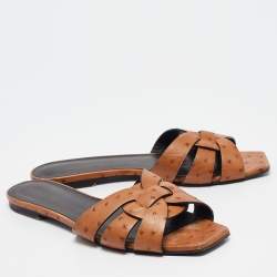 Saint Laurent Brown Ostrich Tribute Flat Slides Size 40