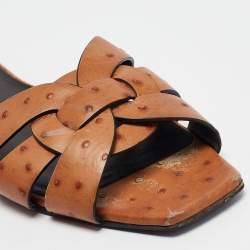 Saint Laurent Brown Ostrich Tribute Flat Slides Size 40