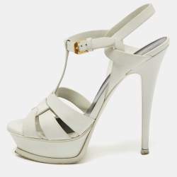 Saint Laurent White Leather Tribute Ankle Strap Sandals Size 38