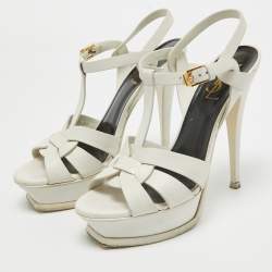 Saint Laurent White Leather Tribute Ankle Strap Sandals Size 38