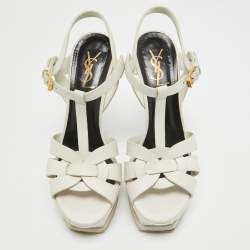 Saint Laurent White Leather Tribute Ankle Strap Sandals Size 38