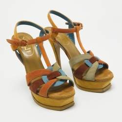 Pre Owned Saint Laurent Multicolor Suede Tribute Ankle Strap Sandals Size 37