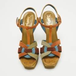 Pre Owned Saint Laurent Multicolor Suede Tribute Ankle Strap Sandals Size 37