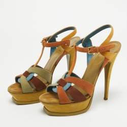 Pre Owned Saint Laurent Multicolor Suede Tribute Ankle Strap Sandals Size 37