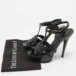 Saint Laurent Black Patent Tribute Ankle Strap Sandals Size 37