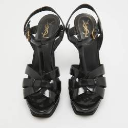 Saint Laurent Black Patent Tribute Ankle Strap Sandals Size 37