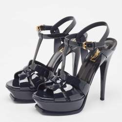 مملوكة مسبقًا Saint Laurent Navy Blue Patent Leather Tribute Sandals Size 36