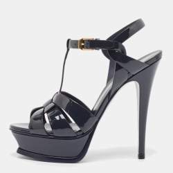 مملوكة مسبقًا Saint Laurent Navy Blue Patent Leather Tribute Sandals Size 36