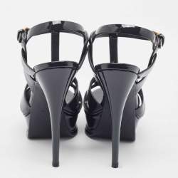 مملوكة مسبقًا Saint Laurent Navy Blue Patent Leather Tribute Sandals Size 36