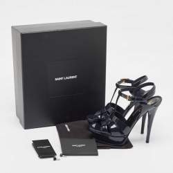 مملوكة مسبقًا Saint Laurent Navy Blue Patent Leather Tribute Sandals Size 36