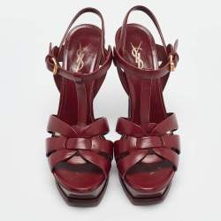 مملوكة مسبقًا Saint Laurent Burgundy Leather Tribute Ankle Strap Sandals Size 38.5