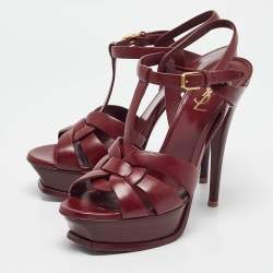 مملوكة مسبقًا Saint Laurent Burgundy Leather Tribute Ankle Strap Sandals Size 38.5
