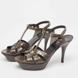 Pre Owned Saint Laurent Grey Embossed Croc Tribute Sandals Size 38.5
