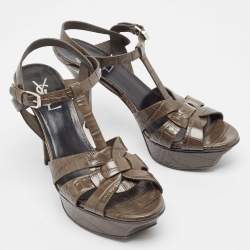 Pre Owned Saint Laurent Grey Embossed Croc Tribute Sandals Size 38.5