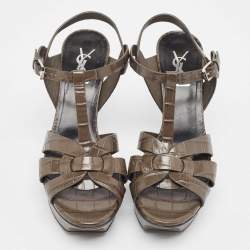 Pre Owned Saint Laurent Grey Embossed Croc Tribute Sandals Size 38.5