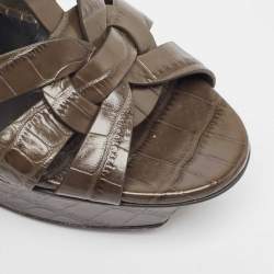 Pre Owned Saint Laurent Grey Embossed Croc Tribute Sandals Size 38.5