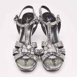 Pre Owned Saint Laurent Two Tone Embossed Python Tribute Sandals Size 38.5