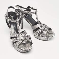 Pre Owned Saint Laurent Two Tone Embossed Python Tribute Sandals Size 38.5