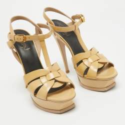 Pre Owned Saint Laurent Beige Patent Leather Tribute Sandals Size 39