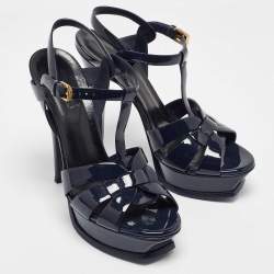 Pre Owned Saint Laurent  Navy Blue Patent Leather Tribute Platform Sandals 38.5