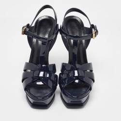 Pre Owned Saint Laurent  Navy Blue Patent Leather Tribute Platform Sandals 38.5