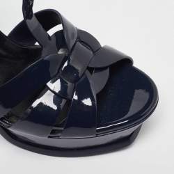 Pre Owned Saint Laurent  Navy Blue Patent Leather Tribute Platform Sandals 38.5