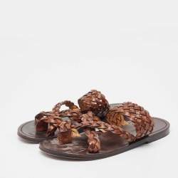 Saint Laurent Brown Braided Leather Neil Flat Slides Size 37