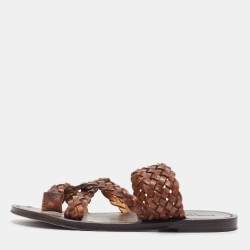 Saint Laurent Brown Braided Leather Neil Flat Slides Size 37