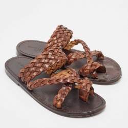 Saint Laurent Brown Braided Leather Neil Flat Slides Size 37
